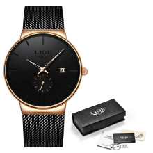 Relojes de moda LIGE 9969, relojes negros informales impermeables, bandas de reloj de cuarzo para hombre, reloj de marca de lujo ultrafino con fecha para hombre